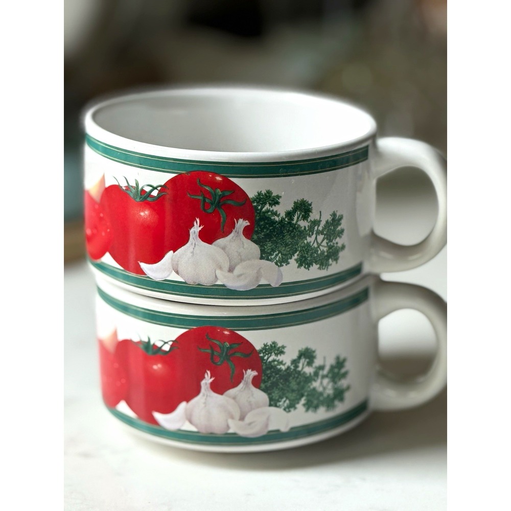 Ceramic Coffee Soup Mug Set of 2 White Red/Green tomatoe Cottagecore